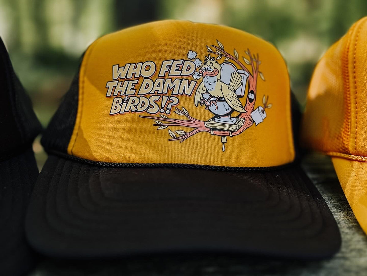 Damn Birds mesh snap back trucker hat, yellow/black | Beard Barf