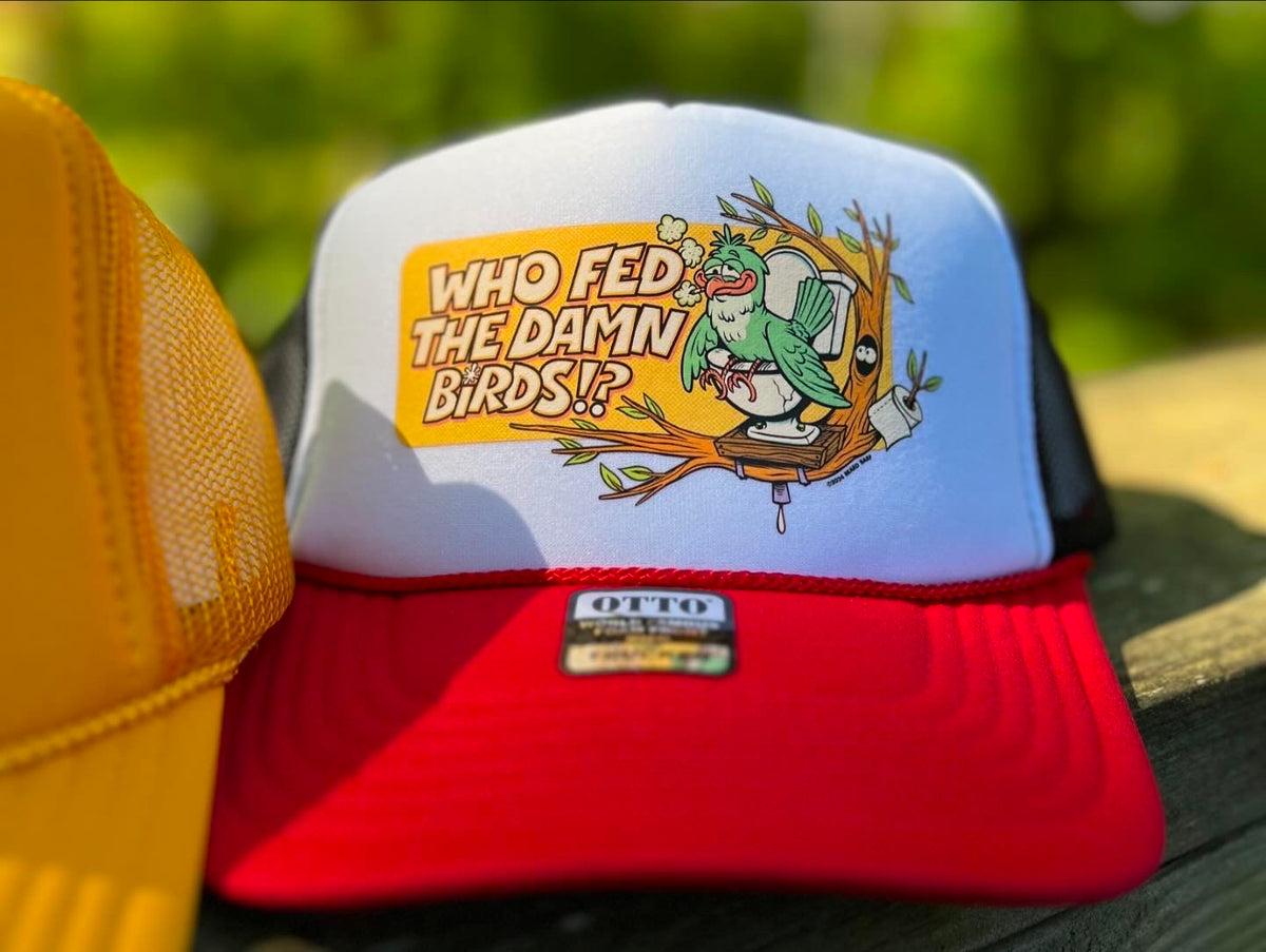 Damn Birds mesh snap back trucker hat, red/white/blue | Beard Barf
